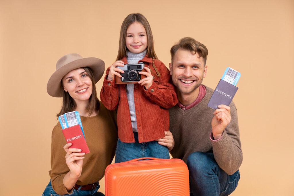 family with daughter holding passports luggage ready travel 1